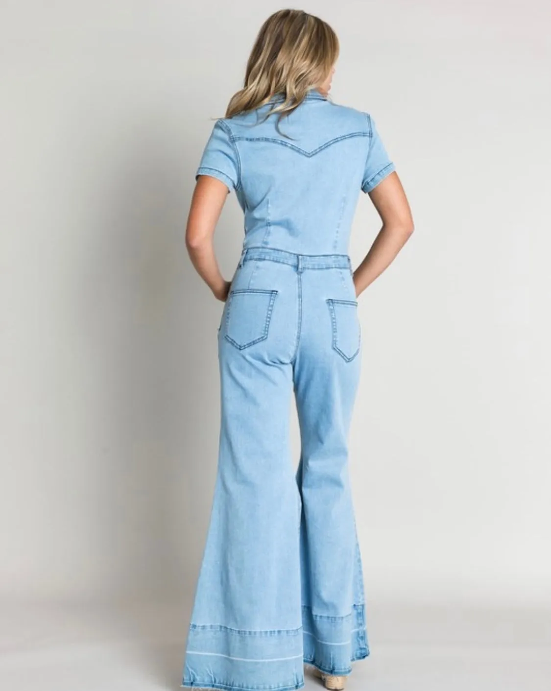 WIDE LEG DENIM JUMPSUIT WITH STRETCH