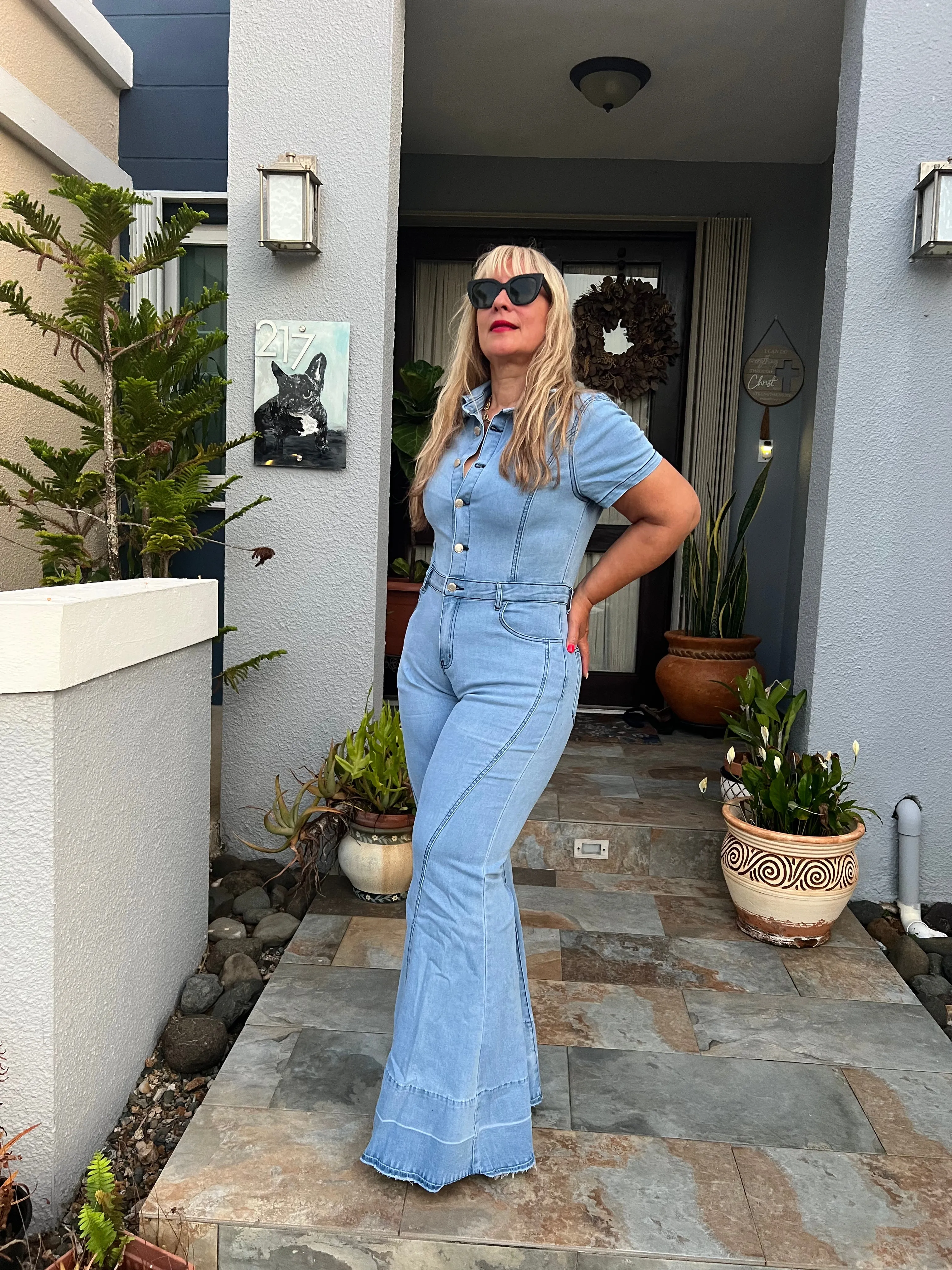 WIDE LEG DENIM JUMPSUIT WITH STRETCH