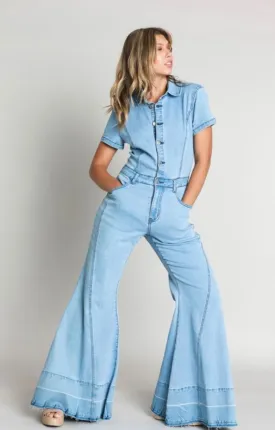 WIDE LEG DENIM JUMPSUIT WITH STRETCH